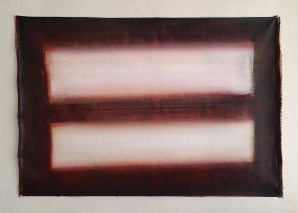 "rouge et noir”, acrylic on cotton, 32” x 47”, 2017 train ride to Luxor